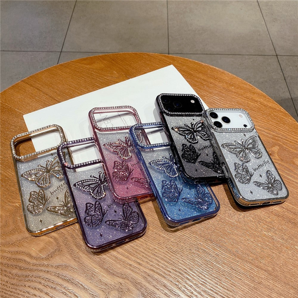 For iPhone 17 Pro Max Case Rhinestone Butterfly Decor TPU Phone Back Cover - Gold