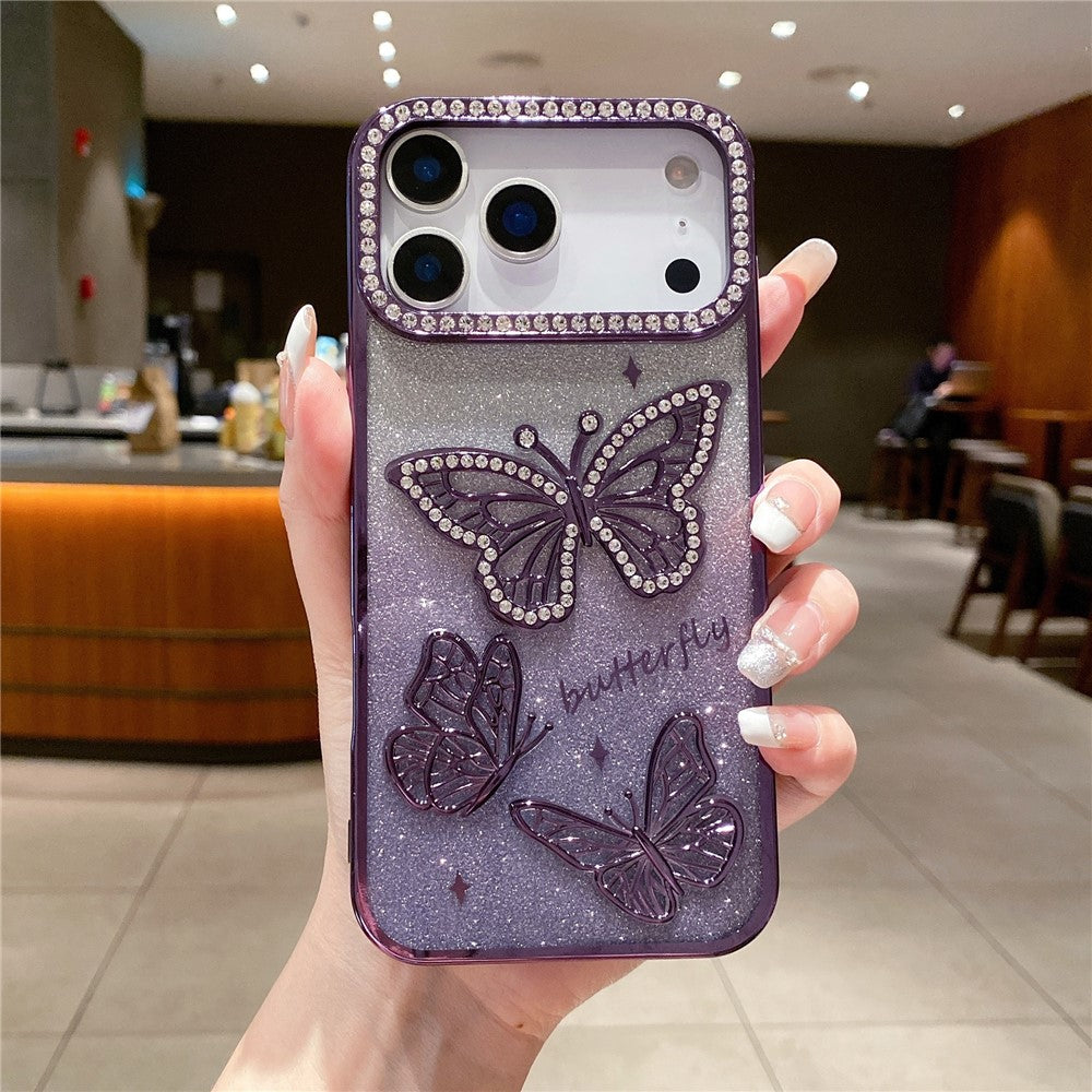 For iPhone 17 Pro Max Case Rhinestone Butterfly Decor TPU Phone Back Cover - Purple