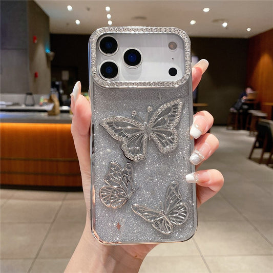 For iPhone 17 Pro Max Case Rhinestone Butterfly Decor TPU Phone Back Cover - Silver