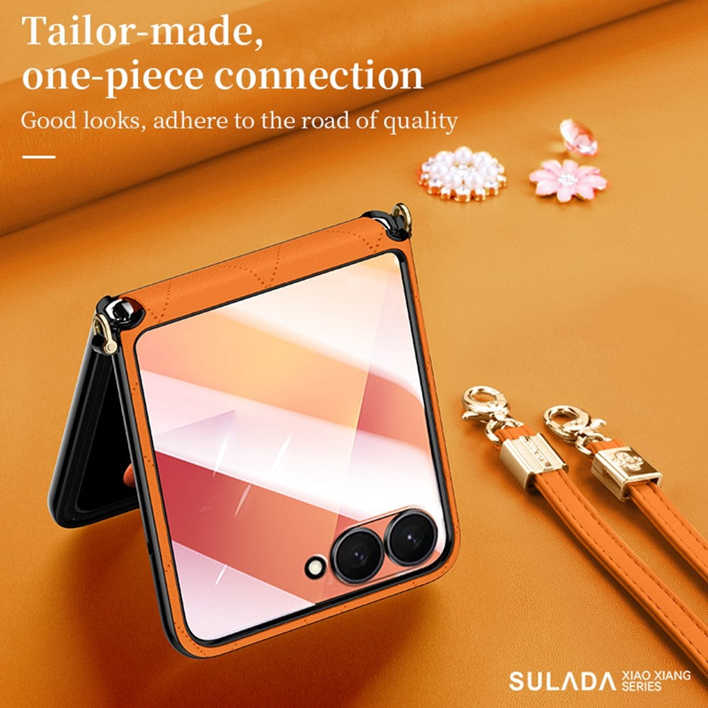 SULADA For Samsung Galaxy Z Flip7 5G Case Rhombus Leather+PC Phone Cover with Shoulder Strap - Red