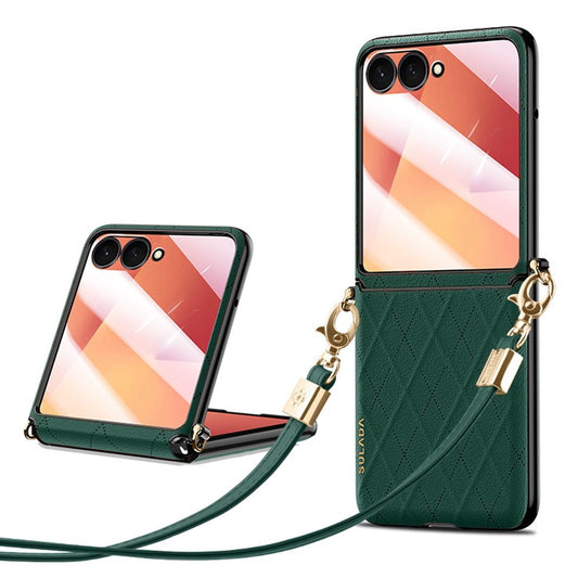 SULADA For Samsung Galaxy Z Flip7 5G Case Rhombus Leather+PC Phone Cover with Shoulder Strap - Green
