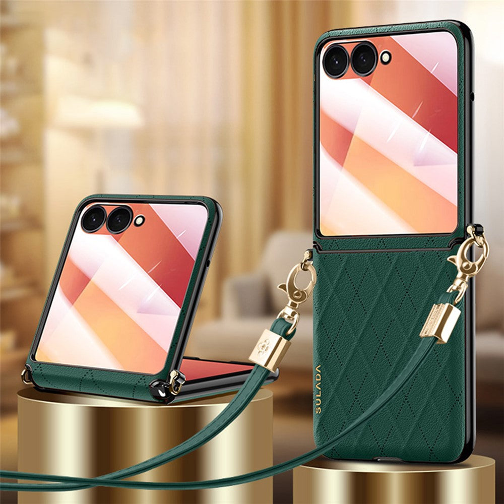 SULADA For Samsung Galaxy Z Flip7 5G Case Rhombus Leather+PC Phone Cover with Shoulder Strap - Green