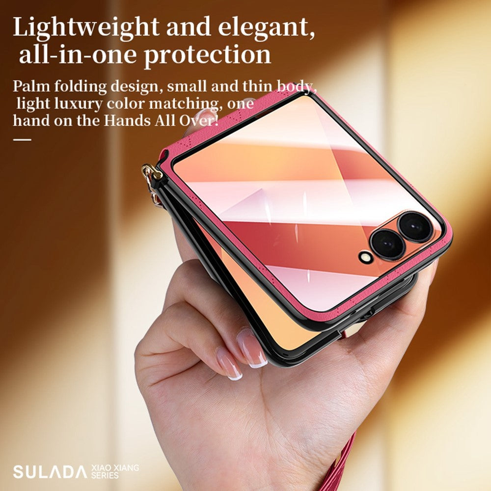 SULADA For Samsung Galaxy Z Flip7 5G Case Rhombus Leather+PC Phone Cover with Shoulder Strap - Green