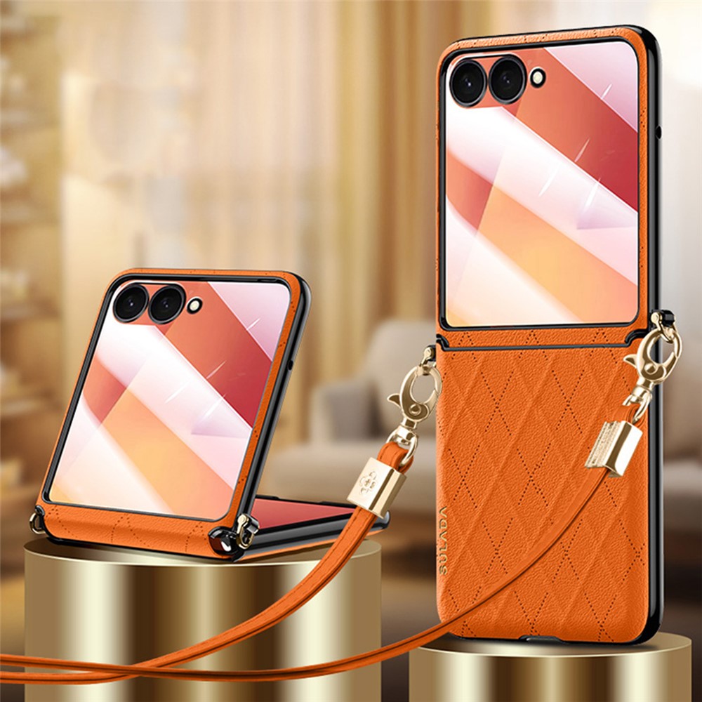SULADA For Samsung Galaxy Z Flip7 5G Case Rhombus Leather+PC Phone Cover with Shoulder Strap - Orange