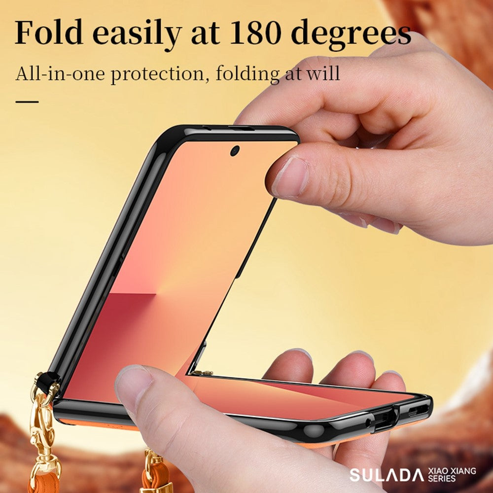 SULADA For Samsung Galaxy Z Flip7 5G Case Rhombus Leather+PC Phone Cover with Shoulder Strap - Orange