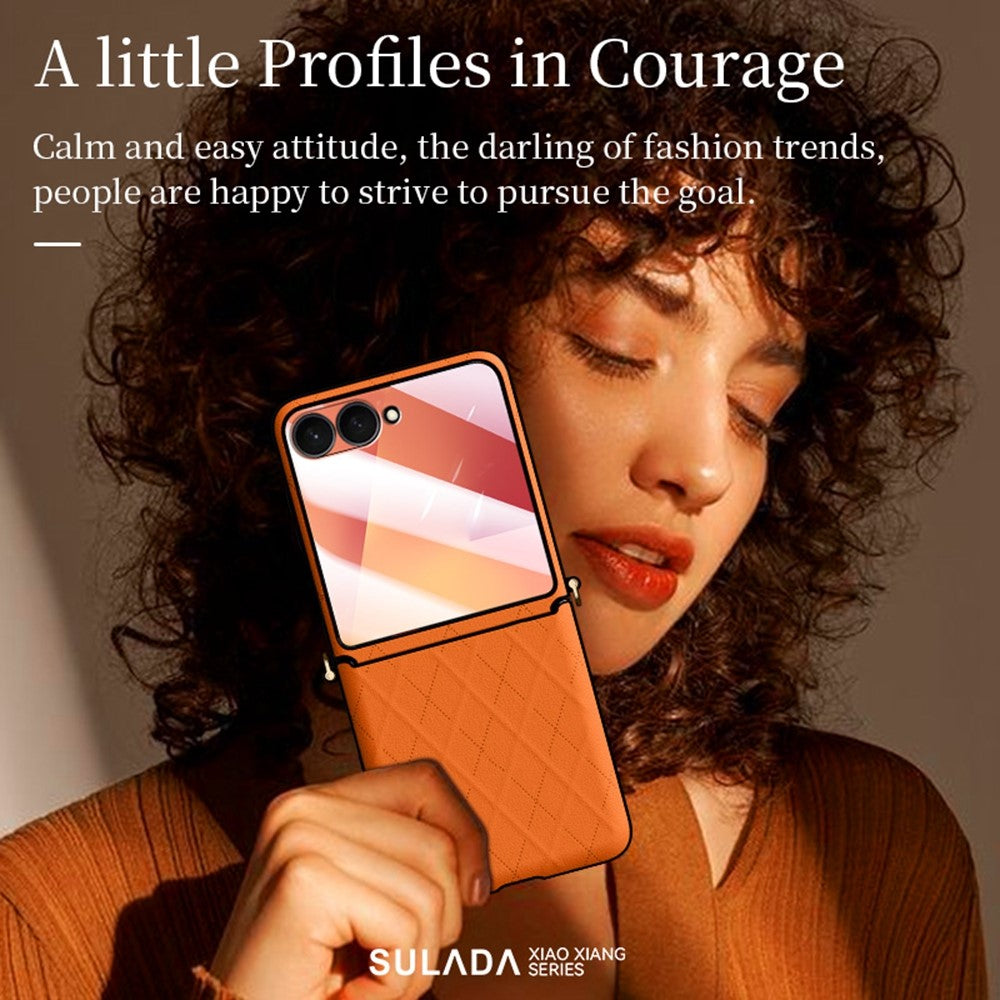 SULADA For Samsung Galaxy Z Flip7 5G Case Rhombus Leather+PC Phone Cover with Shoulder Strap - Orange
