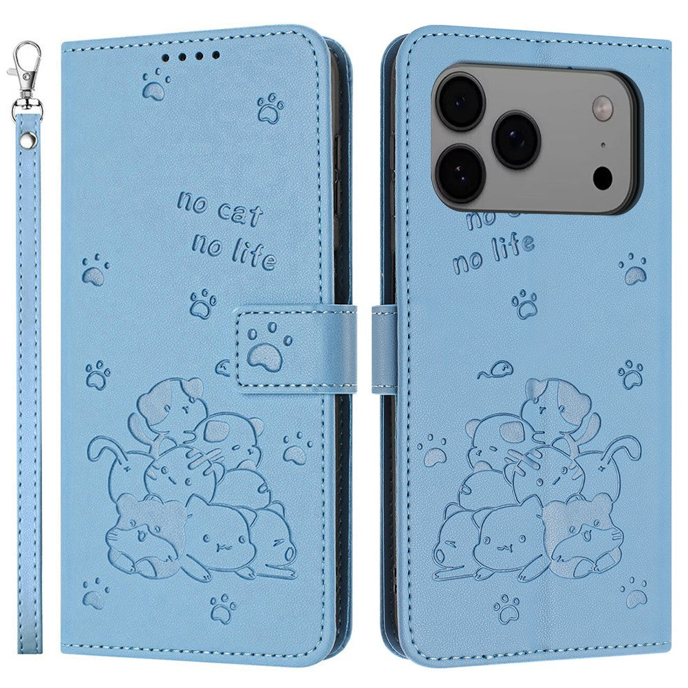 For iPhone 17 Pro Max Wallet Case Cats Imprint Leather Phone Cover with Strap - Blue