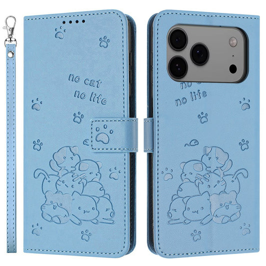 For iPhone 17 Pro Max Wallet Case Cats Imprint Leather Phone Cover with Strap - Blue