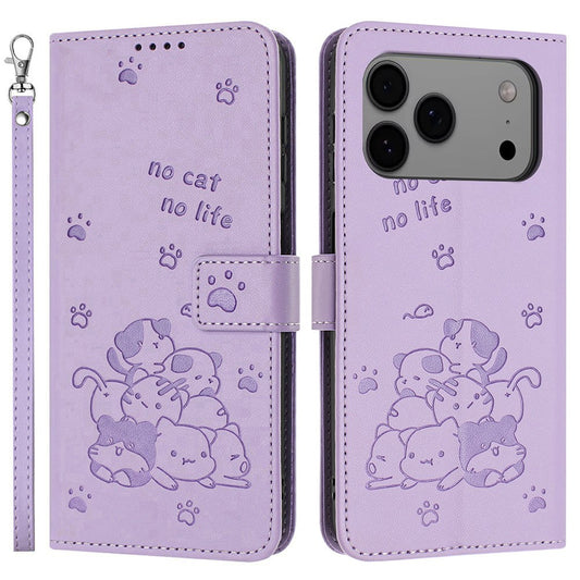 For iPhone 17 Pro Max Wallet Case Cats Imprint Leather Phone Cover with Strap - Purple