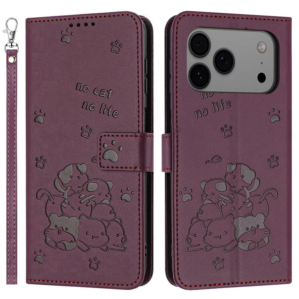 For iPhone 17 Pro Max Wallet Case Cats Imprint Leather Phone Cover with Strap - Wine Red