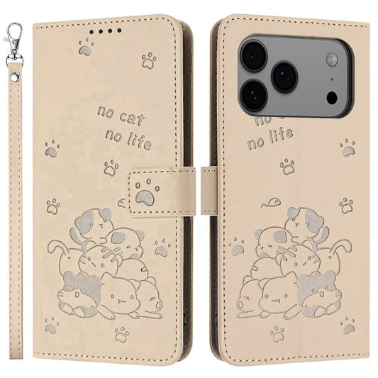 For iPhone 17 Pro Max Wallet Case Cats Imprint Leather Phone Cover with Strap - Beige
