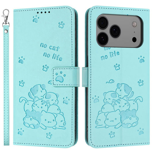 For iPhone 17 Pro Max Wallet Case Cats Imprint Leather Phone Cover with Strap - Green