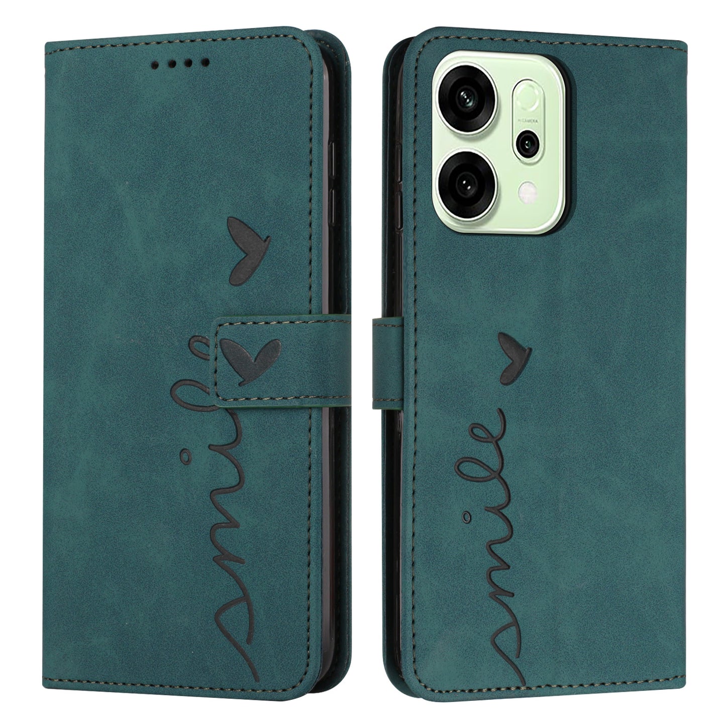 For Oppo Reno14 Pro 5G (China) / Oppo Reno14 Pro 5G (Global) Stand Case PU Leather Phone Cover Imprinted Heart Pattern - Green