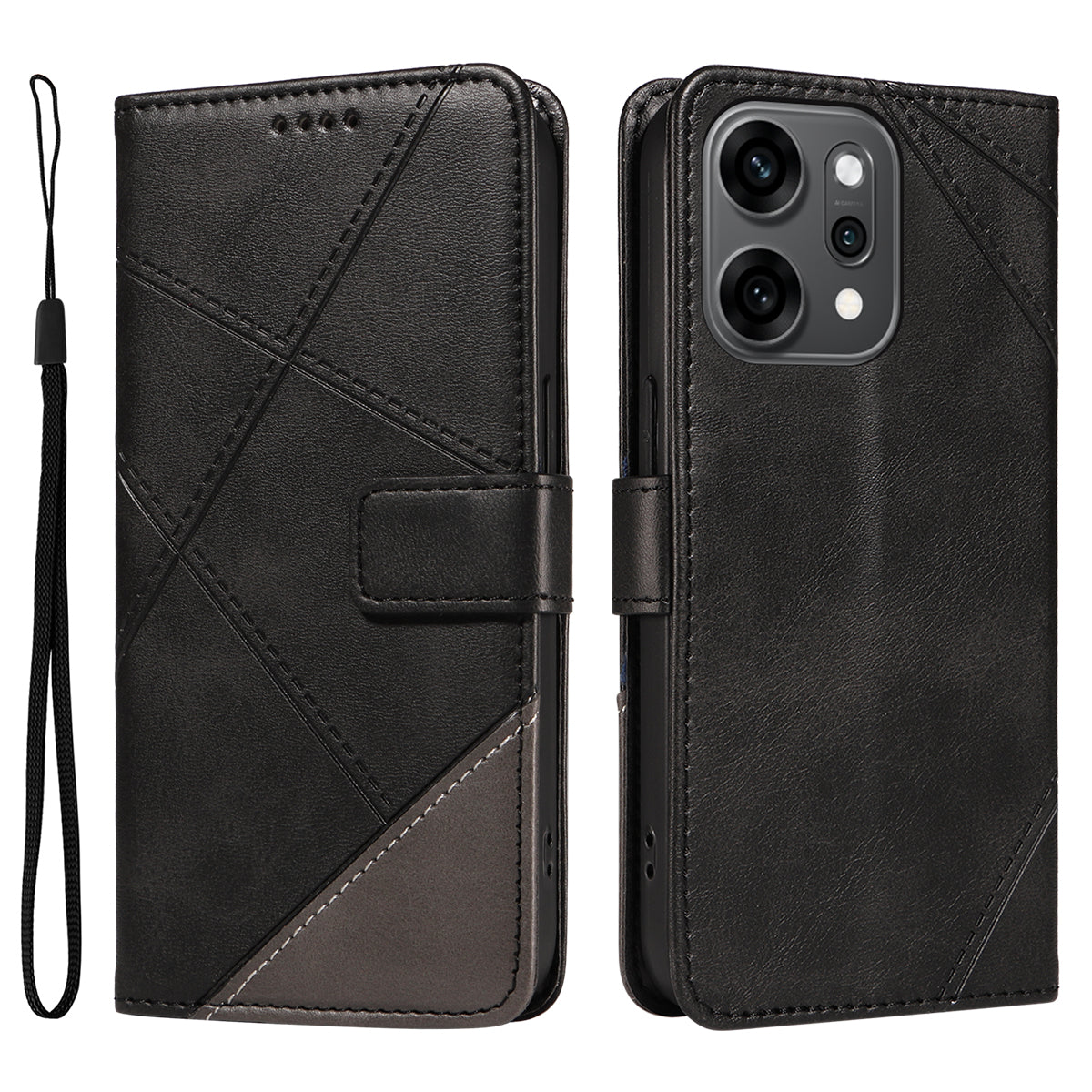 For Oppo Reno14 Pro 5G (China) / Oppo Reno14 Pro 5G (Global) Leather Case Geometric Line Design Wallet Phone Cover with Wrist Strap - Black