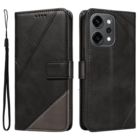 For Oppo Reno14 Pro 5G (China) / Oppo Reno14 Pro 5G (Global) Leather Case Geometric Line Design Wallet Phone Cover with Wrist Strap - Black