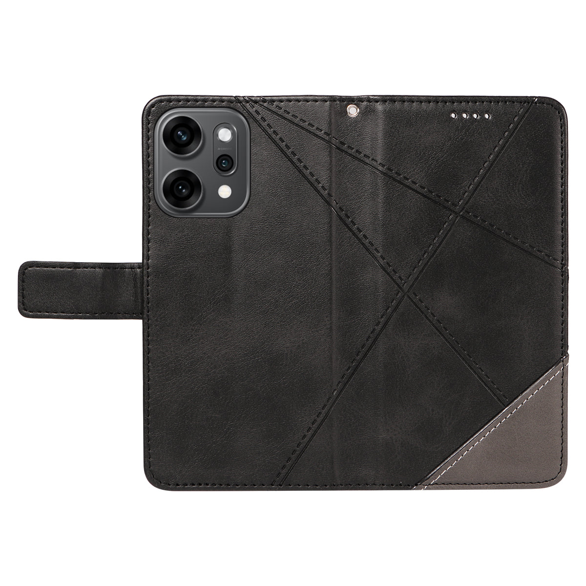 For Oppo Reno14 Pro 5G (China) / Oppo Reno14 Pro 5G (Global) Leather Case Geometric Line Design Wallet Phone Cover with Wrist Strap - Black