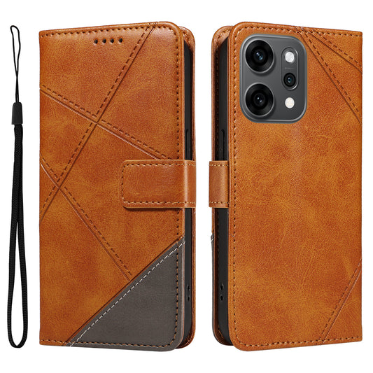 For Oppo Reno14 Pro 5G (China) / Oppo Reno14 Pro 5G (Global) Leather Case Geometric Line Design Wallet Phone Cover with Wrist Strap - Brown
