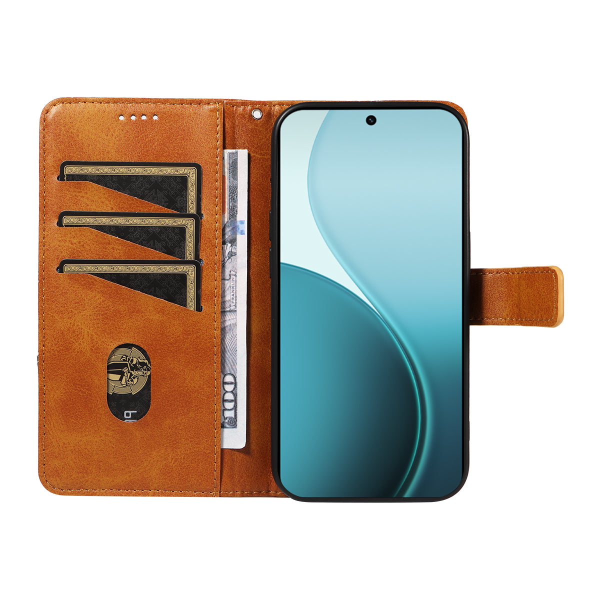 For Oppo Reno14 Pro 5G (China) / Oppo Reno14 Pro 5G (Global) Leather Case Geometric Line Design Wallet Phone Cover with Wrist Strap - Brown