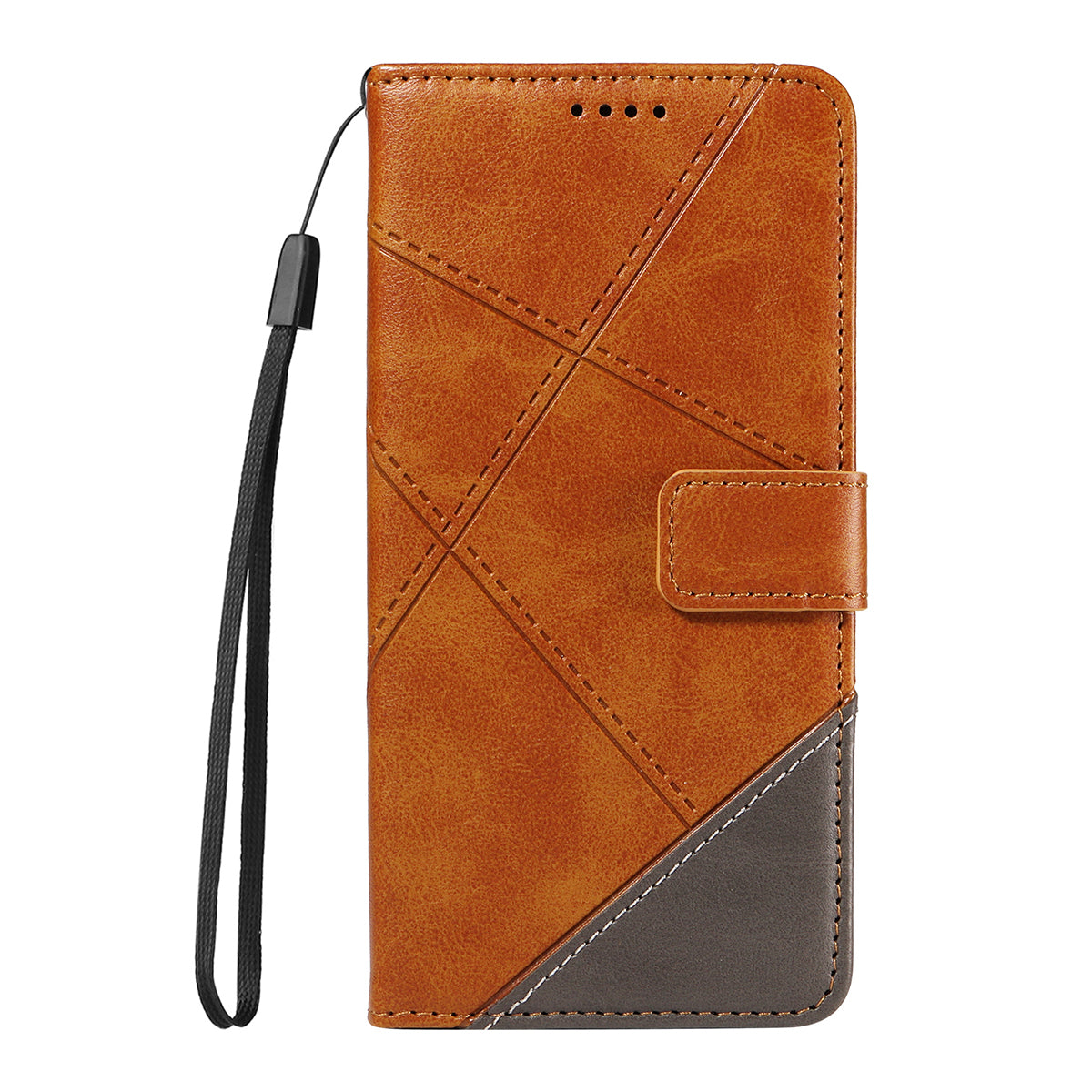 For Oppo Reno14 Pro 5G (China) / Oppo Reno14 Pro 5G (Global) Leather Case Geometric Line Design Wallet Phone Cover with Wrist Strap - Brown