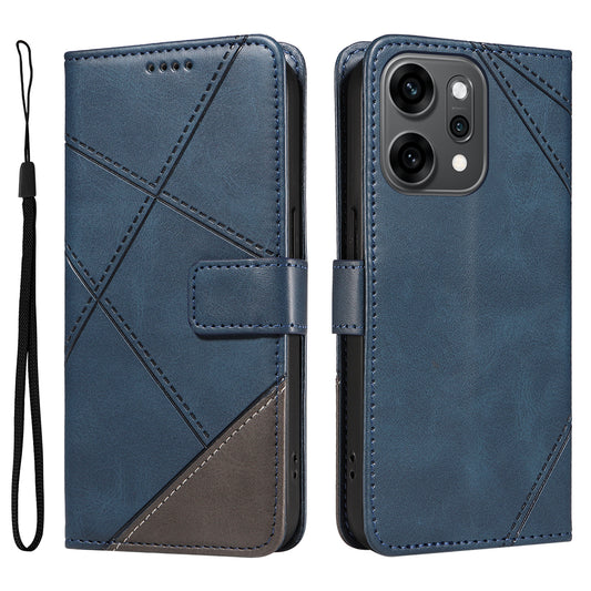 For Oppo Reno14 Pro 5G (China) / Oppo Reno14 Pro 5G (Global) Leather Case Geometric Line Design Wallet Phone Cover with Wrist Strap - Blue