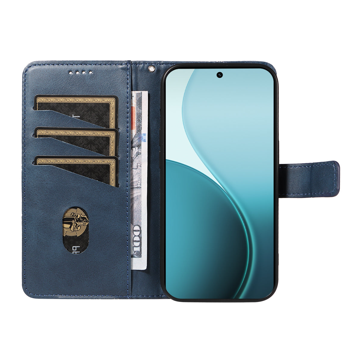 For Oppo Reno14 Pro 5G (China) / Oppo Reno14 Pro 5G (Global) Leather Case Geometric Line Design Wallet Phone Cover with Wrist Strap - Blue