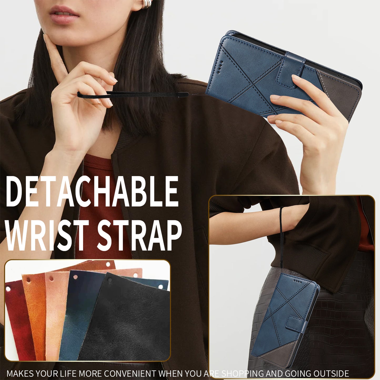 For Oppo Reno14 Pro 5G (China) / Oppo Reno14 Pro 5G (Global) Leather Case Geometric Line Design Wallet Phone Cover with Wrist Strap - Blue