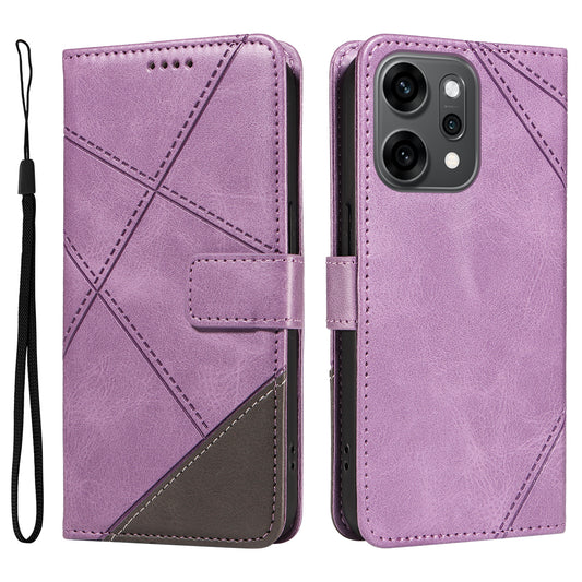 For Oppo Reno14 Pro 5G (China) / Oppo Reno14 Pro 5G (Global) Leather Case Geometric Line Design Wallet Phone Cover with Wrist Strap - Purple