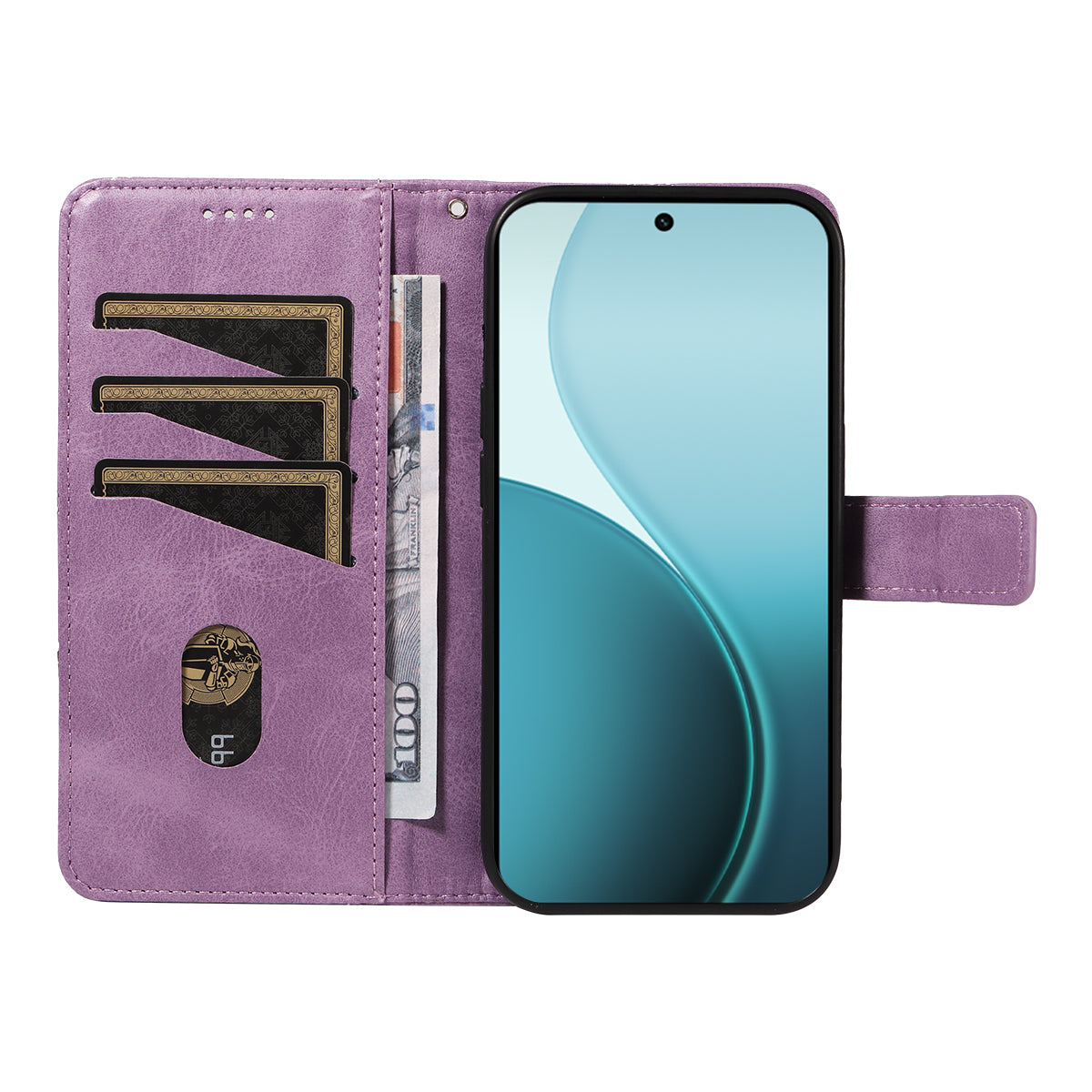 For Oppo Reno14 Pro 5G (China) / Oppo Reno14 Pro 5G (Global) Leather Case Geometric Line Design Wallet Phone Cover with Wrist Strap - Purple