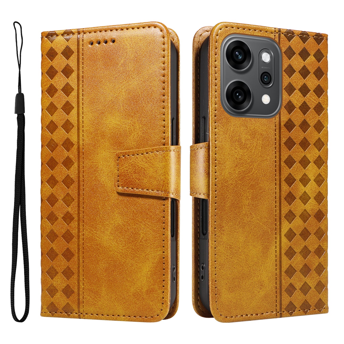 For Oppo Reno14 Pro 5G (China) / Oppo Reno14 Pro 5G (Global) Leather Case Wallet Stand Grids Imprinted Phone Cover with Strap - Yellow