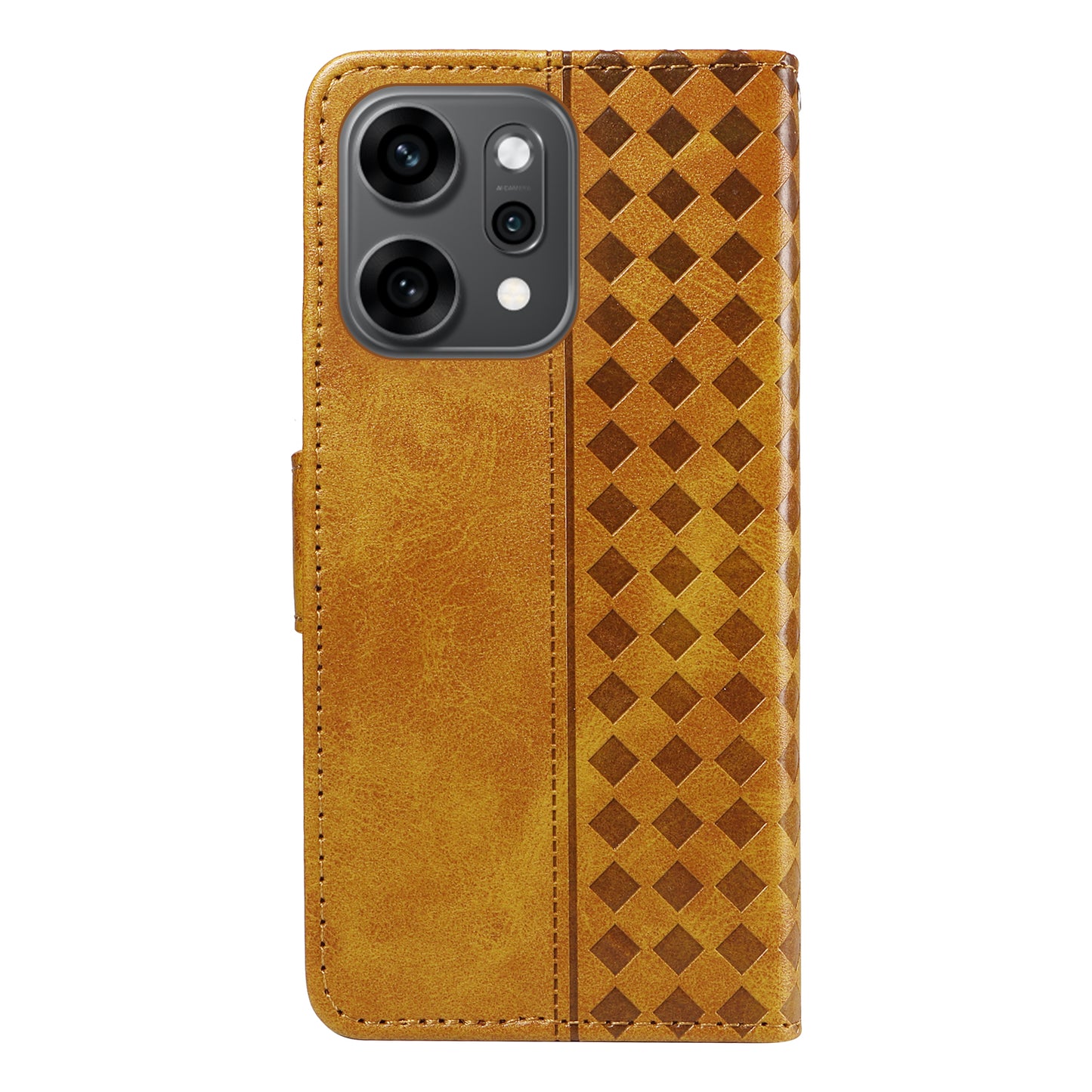 For Oppo Reno14 Pro 5G (China) / Oppo Reno14 Pro 5G (Global) Leather Case Wallet Stand Grids Imprinted Phone Cover with Strap - Yellow