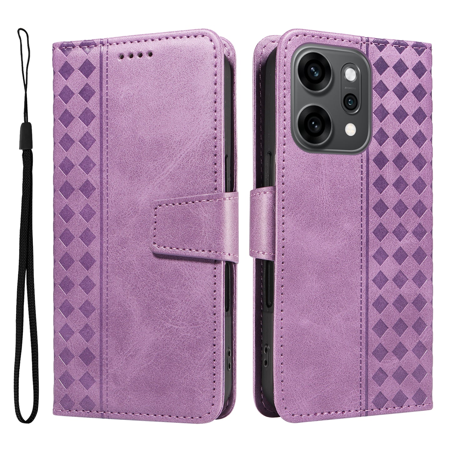 For Oppo Reno14 Pro 5G (China) / Oppo Reno14 Pro 5G (Global) Leather Case Wallet Stand Grids Imprinted Phone Cover with Strap - Light Purple