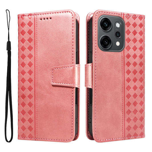 For Oppo Reno14 Pro 5G (China) / Oppo Reno14 Pro 5G (Global) Leather Case Wallet Stand Grids Imprinted Phone Cover with Strap - Rose Gold