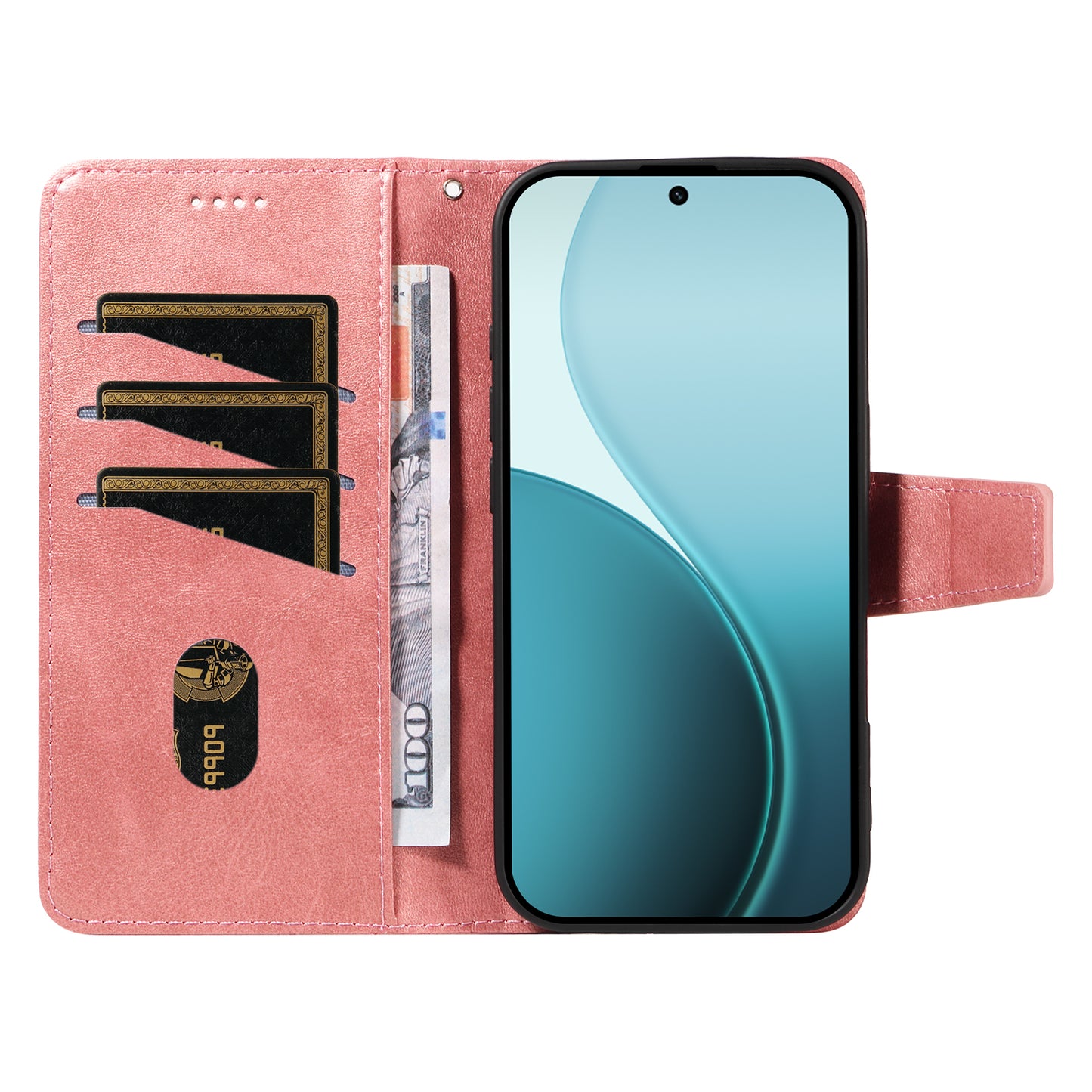 For Oppo Reno14 Pro 5G (China) / Oppo Reno14 Pro 5G (Global) Leather Case Wallet Stand Grids Imprinted Phone Cover with Strap - Rose Gold