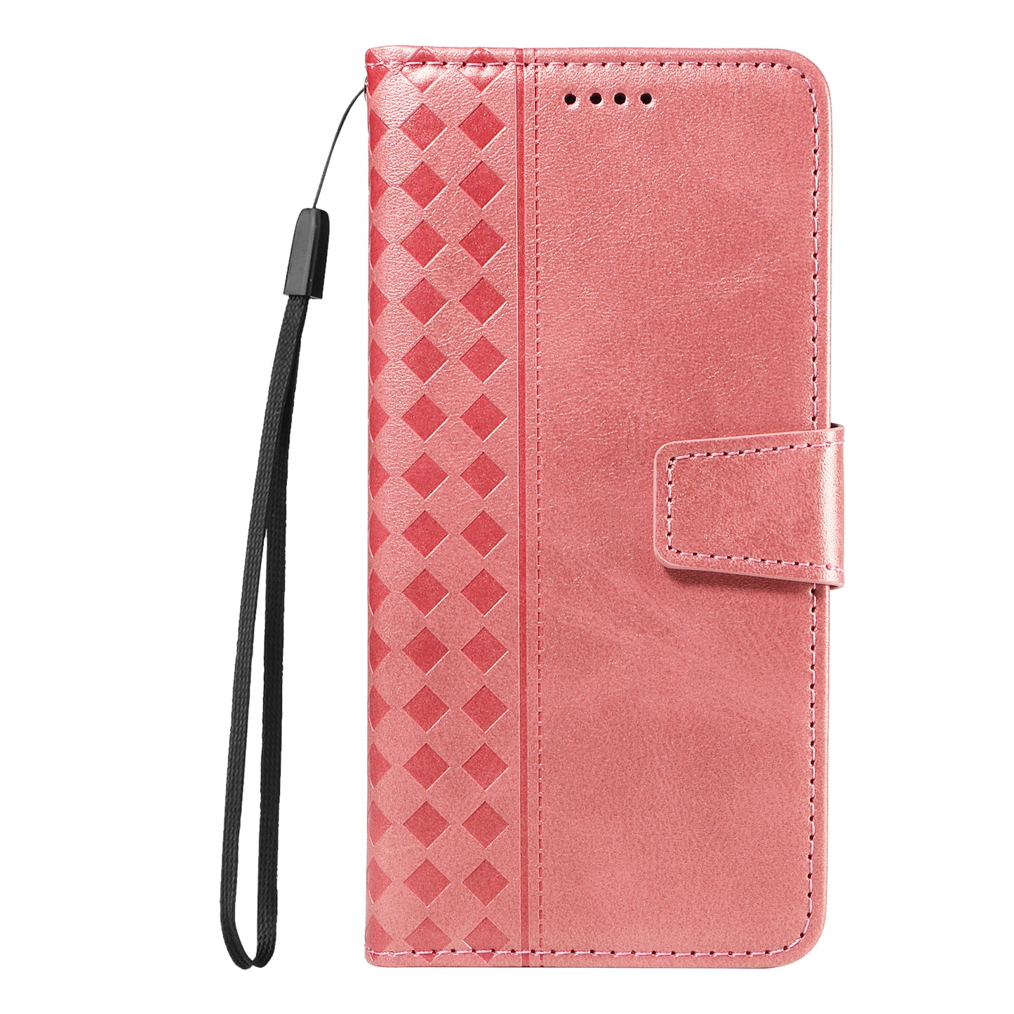 For Oppo Reno14 Pro 5G (China) / Oppo Reno14 Pro 5G (Global) Leather Case Wallet Stand Grids Imprinted Phone Cover with Strap - Rose Gold