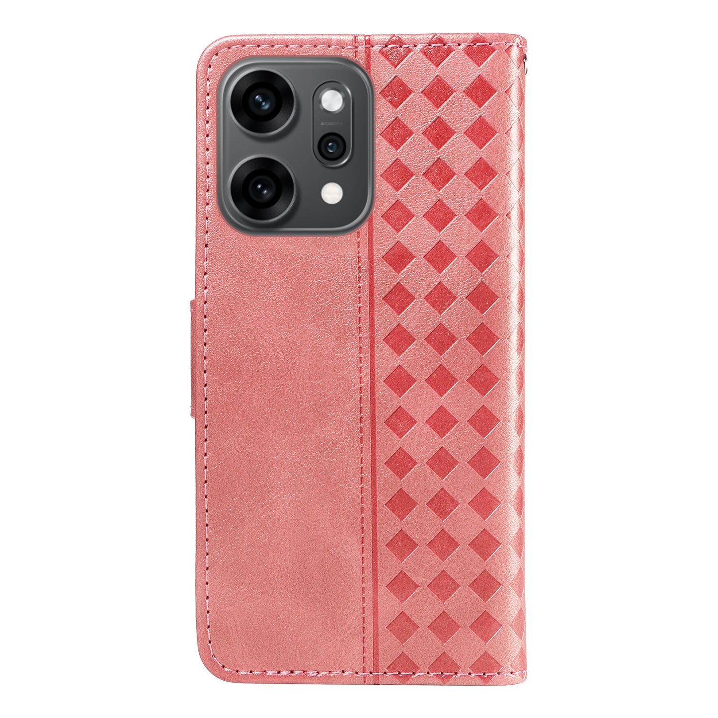 For Oppo Reno14 Pro 5G (China) / Oppo Reno14 Pro 5G (Global) Leather Case Wallet Stand Grids Imprinted Phone Cover with Strap - Rose Gold