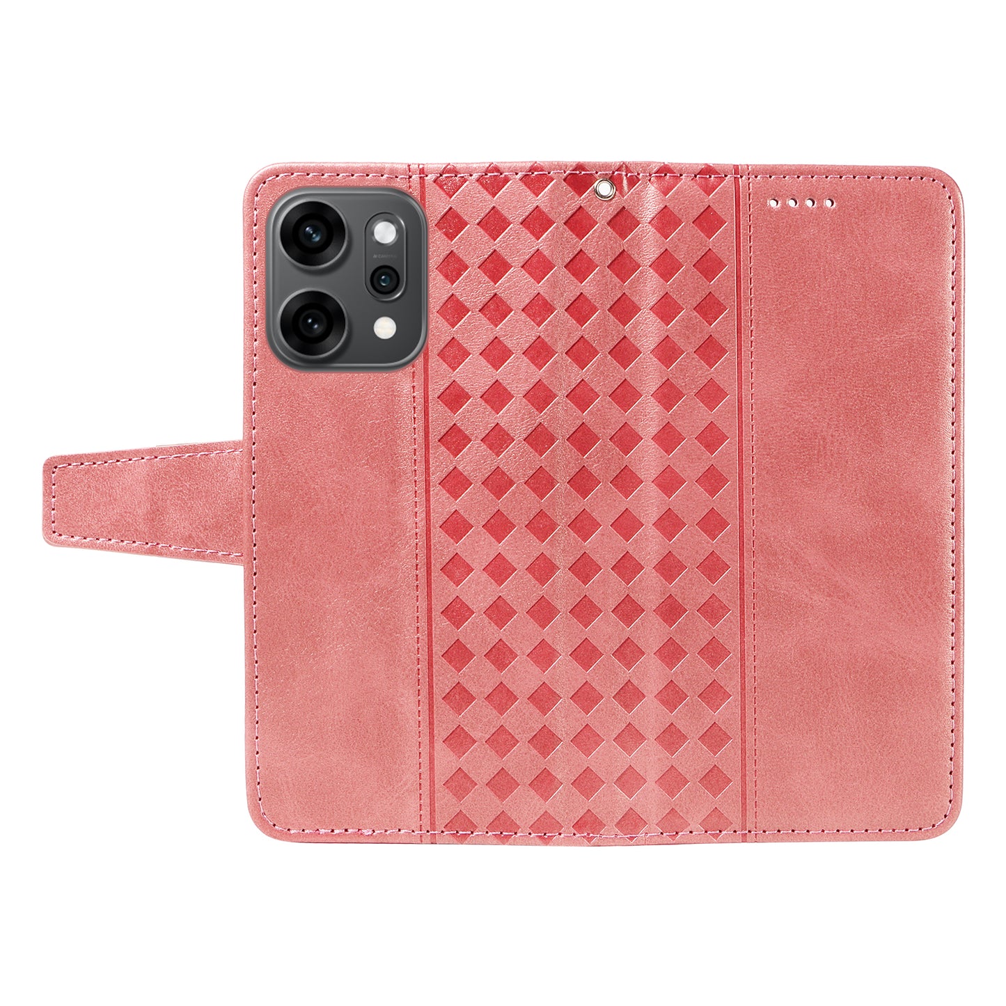 For Oppo Reno14 Pro 5G (China) / Oppo Reno14 Pro 5G (Global) Leather Case Wallet Stand Grids Imprinted Phone Cover with Strap - Rose Gold