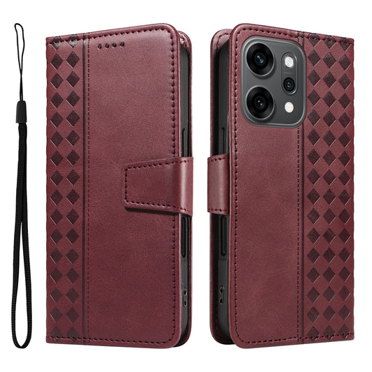 For Oppo Reno14 Pro 5G (China) / Oppo Reno14 Pro 5G (Global) Leather Case Wallet Stand Grids Imprinted Phone Cover with Strap -  Wine Red