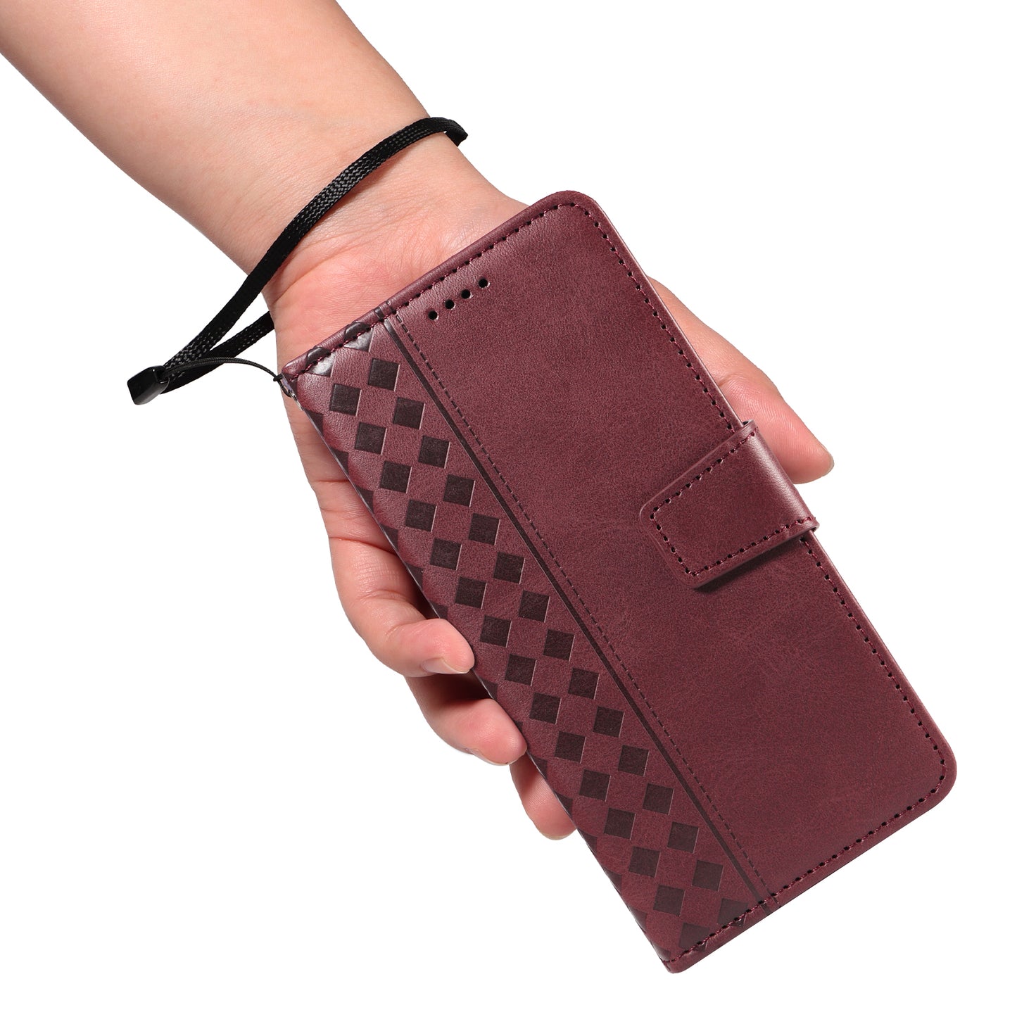 For Oppo Reno14 Pro 5G (China) / Oppo Reno14 Pro 5G (Global) Leather Case Wallet Stand Grids Imprinted Phone Cover with Strap -  Wine Red