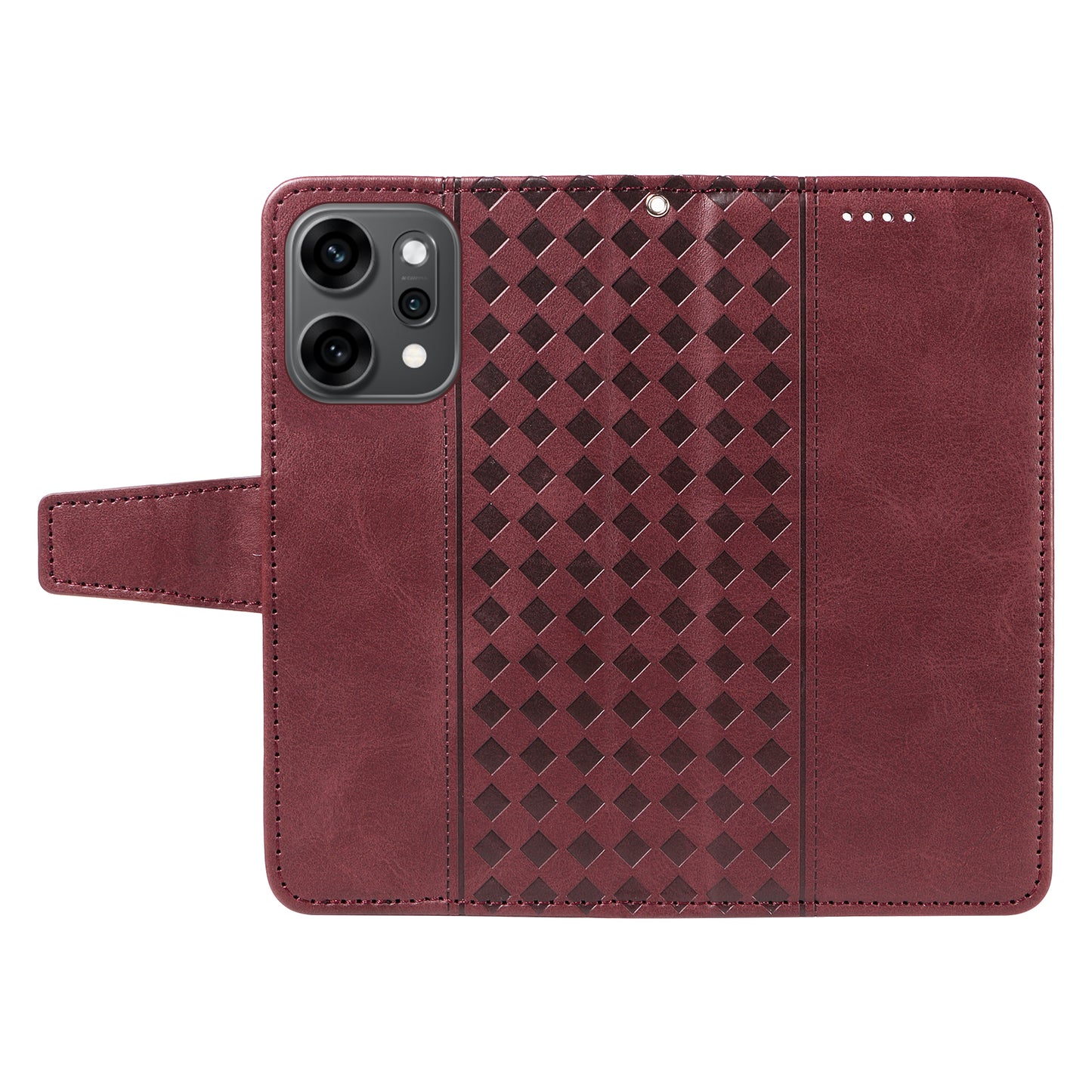 For Oppo Reno14 Pro 5G (China) / Oppo Reno14 Pro 5G (Global) Leather Case Wallet Stand Grids Imprinted Phone Cover with Strap -  Wine Red