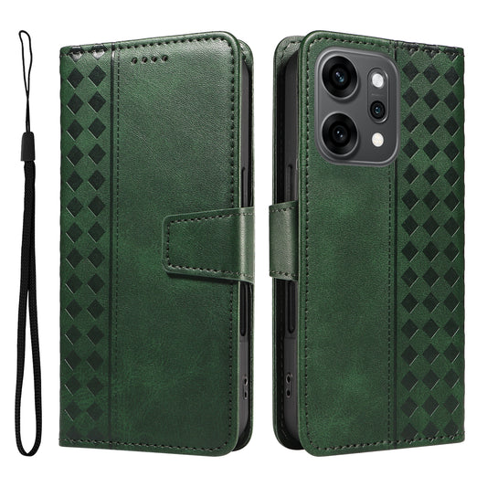 For Oppo Reno14 Pro 5G (China) / Oppo Reno14 Pro 5G (Global) Leather Case Wallet Stand Grids Imprinted Phone Cover with Strap - Green