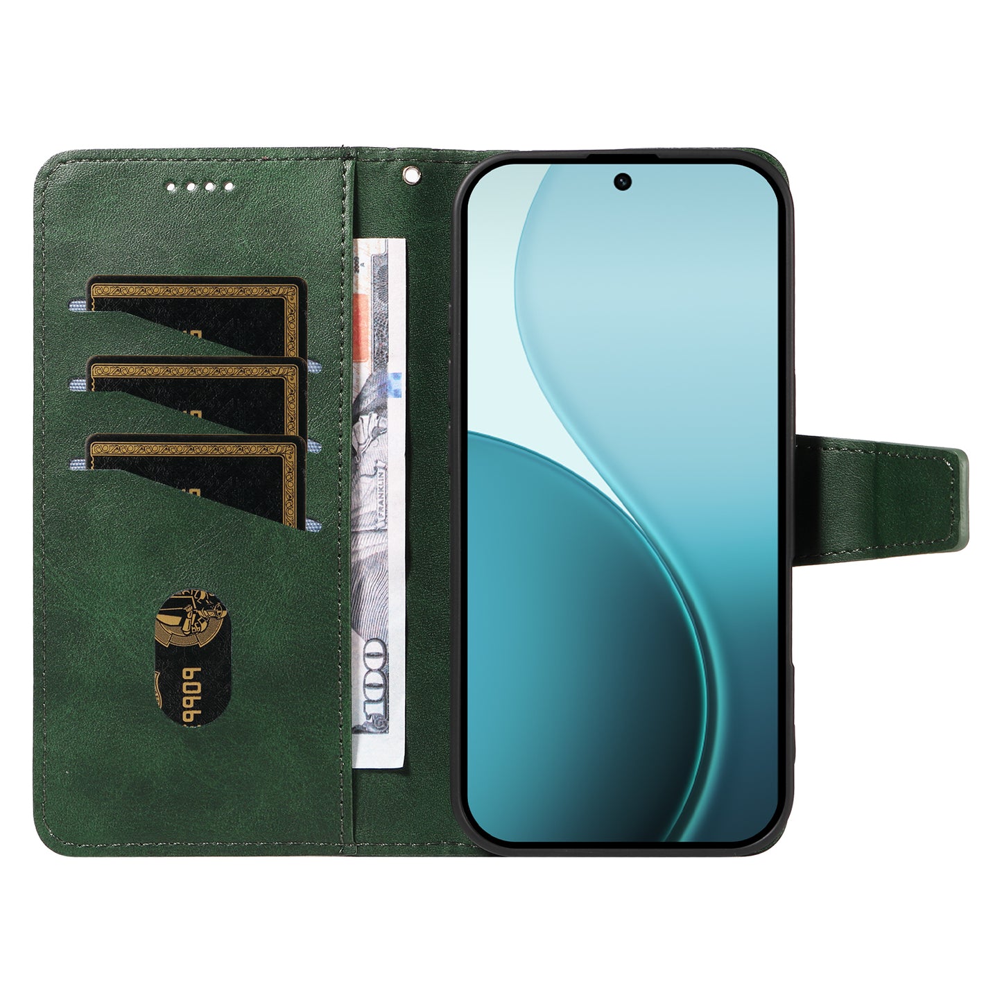 For Oppo Reno14 Pro 5G (China) / Oppo Reno14 Pro 5G (Global) Leather Case Wallet Stand Grids Imprinted Phone Cover with Strap - Green