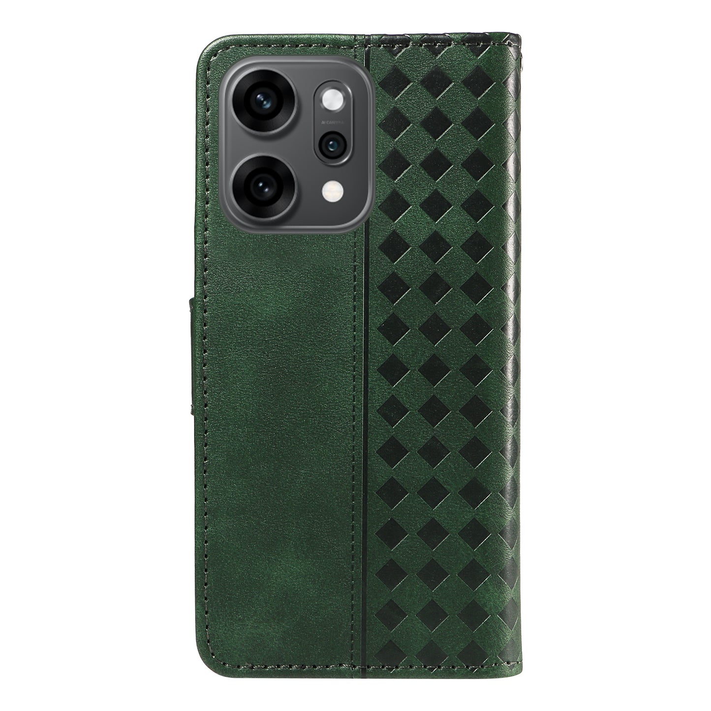 For Oppo Reno14 Pro 5G (China) / Oppo Reno14 Pro 5G (Global) Leather Case Wallet Stand Grids Imprinted Phone Cover with Strap - Green