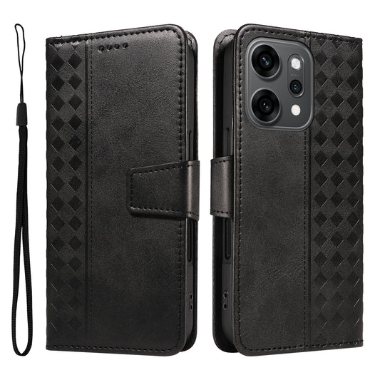 For Oppo Reno14 Pro 5G (China) / Oppo Reno14 Pro 5G (Global) Leather Case Wallet Stand Grids Imprinted Phone Cover with Strap - Black