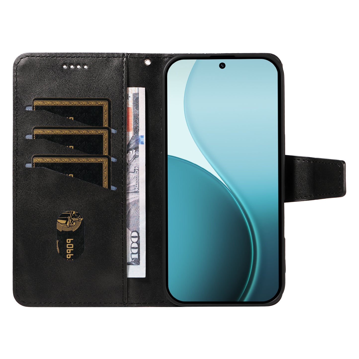 For Oppo Reno14 Pro 5G (China) / Oppo Reno14 Pro 5G (Global) Leather Case Wallet Stand Grids Imprinted Phone Cover with Strap - Black