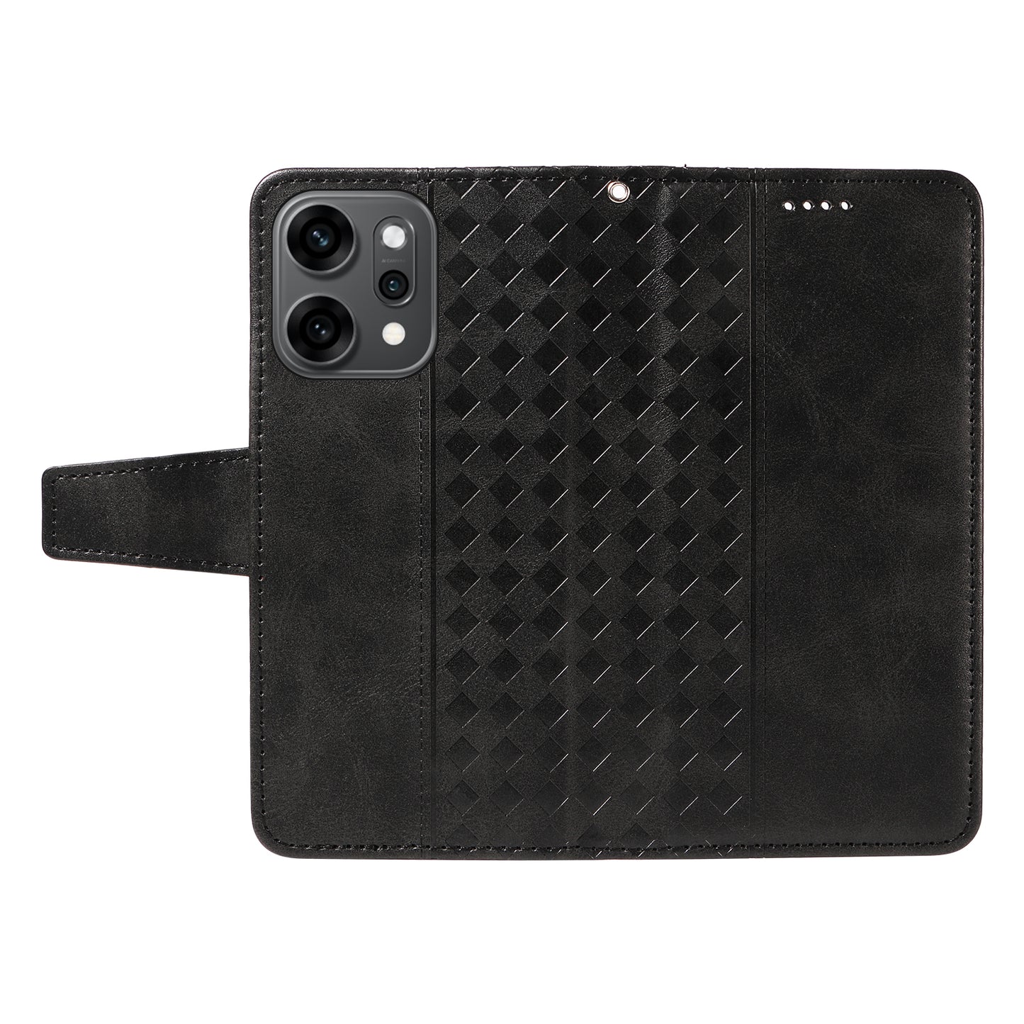 For Oppo Reno14 Pro 5G (China) / Oppo Reno14 Pro 5G (Global) Leather Case Wallet Stand Grids Imprinted Phone Cover with Strap - Black
