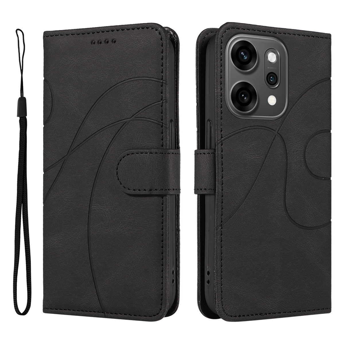 For Oppo Reno14 Pro 5G (China) / Oppo Reno14 Pro 5G (Global) Wallet Case Leather Phone Cover Stand with Curved Line Design -  Black