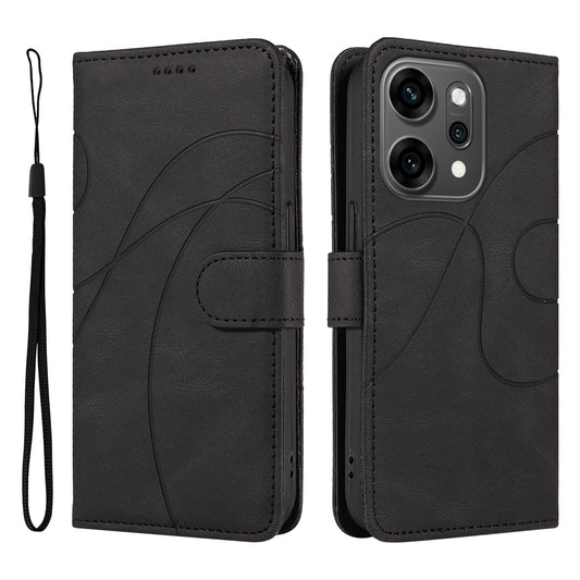 For Oppo Reno14 Pro 5G (China) / Oppo Reno14 Pro 5G (Global) Wallet Case Leather Phone Cover Stand with Curved Line Design -  Black