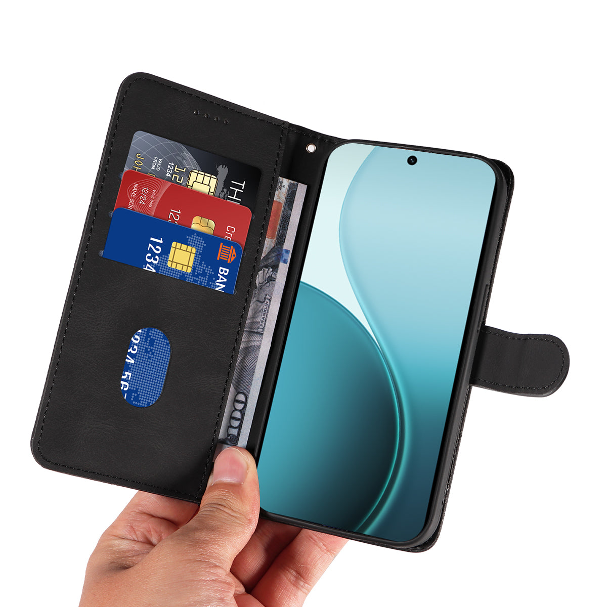 For Oppo Reno14 Pro 5G (China) / Oppo Reno14 Pro 5G (Global) Wallet Case Leather Phone Cover Stand with Curved Line Design -  Black