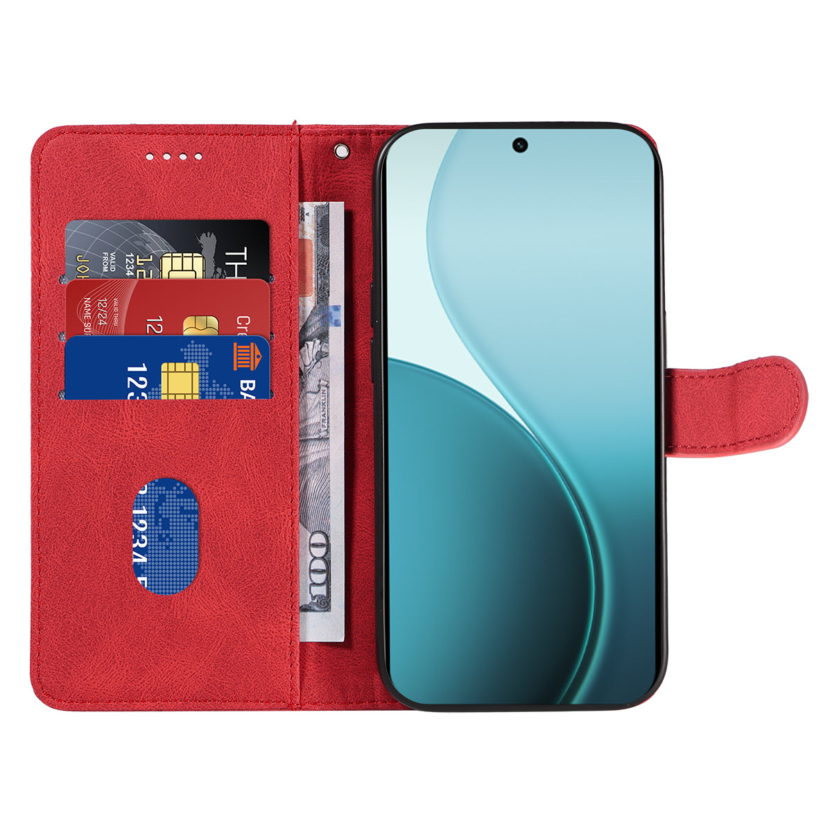 For Oppo Reno14 Pro 5G (China) / Oppo Reno14 Pro 5G (Global) Wallet Case Leather Phone Cover Stand with Curved Line Design - Red