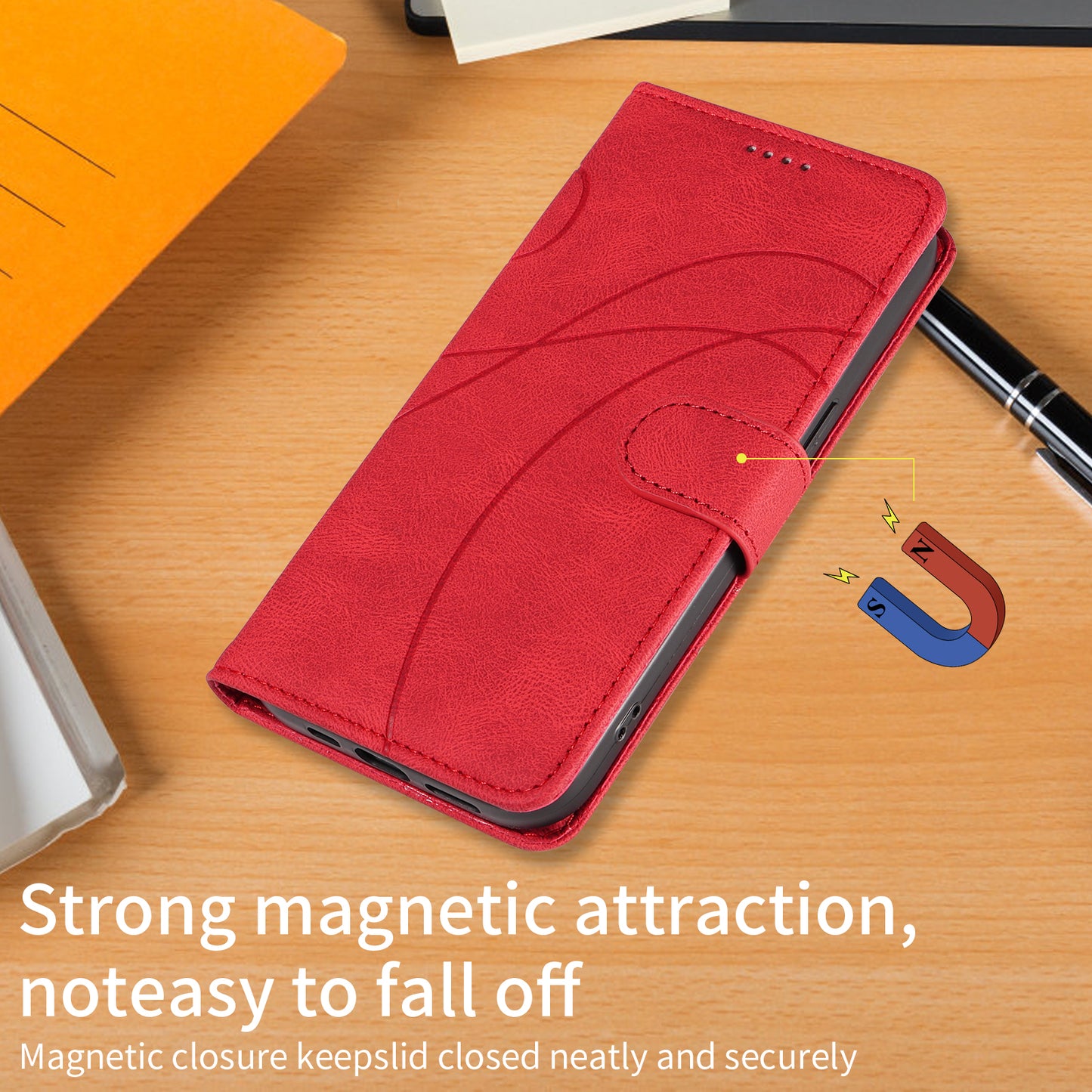 For Oppo Reno14 Pro 5G (China) / Oppo Reno14 Pro 5G (Global) Wallet Case Leather Phone Cover Stand with Curved Line Design - Red